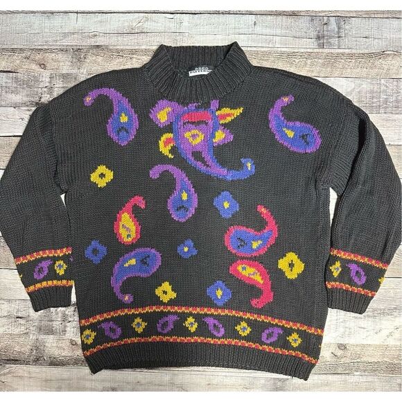 ☯️Vintage Funky Boho Paisley Print Chunky Knit Mock Neck Grandma Sweater Medium - Picture 1 of 6